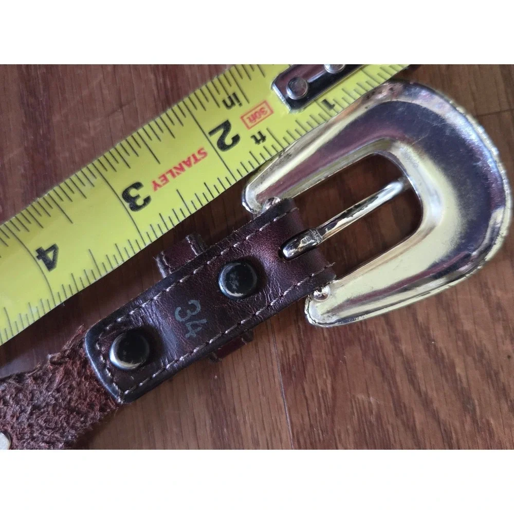 Vintage Brown Leather Western Concho Belt Silver Engraved Floral Boho Womens 34